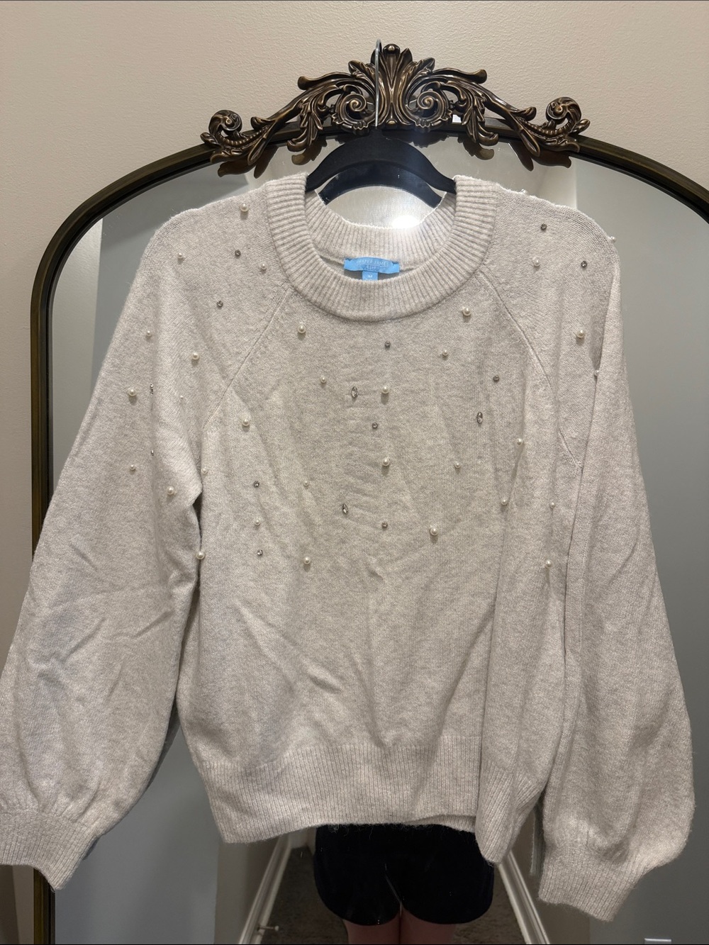 Draper James Cream Pearl & Bead Embellished Crewneck Sweater
